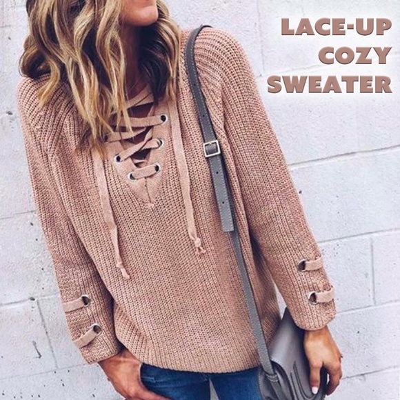 Boutique Sweaters - Lace Up Cozy Tan~Taupe Sweater